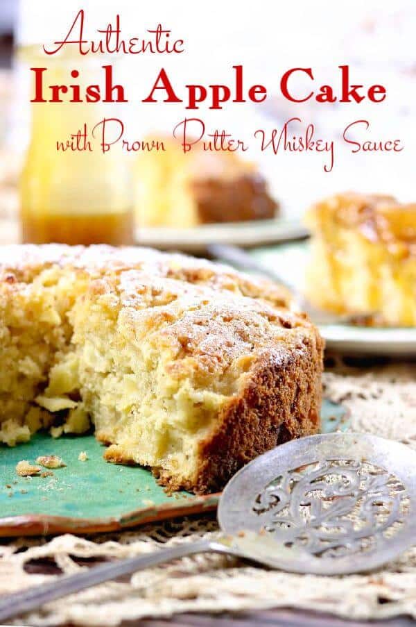Irish Apple cake with a slice removed - title text overlay