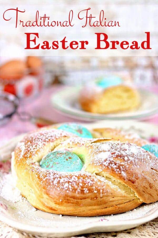 A braided round of Italian Easter bread decorated with dyed eggs.