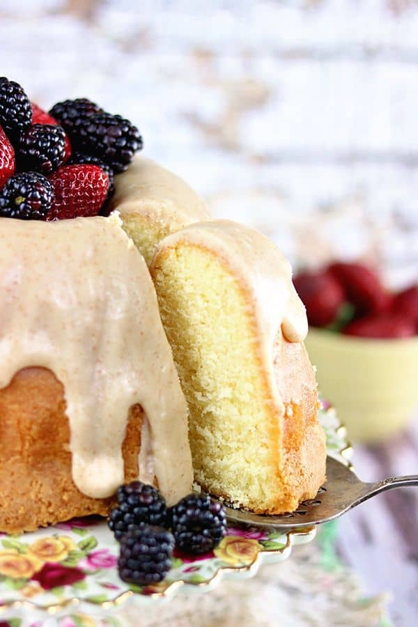 A slice of buttermilk pound cake being served. 