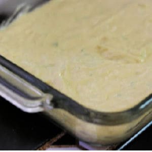 A pan of cake batter for tres leches cake.