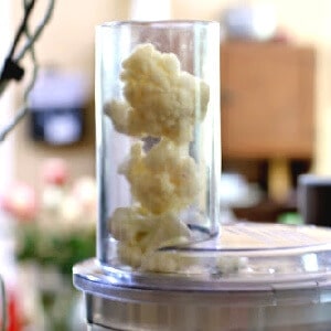 Cauliflower is in the tube of a food processor