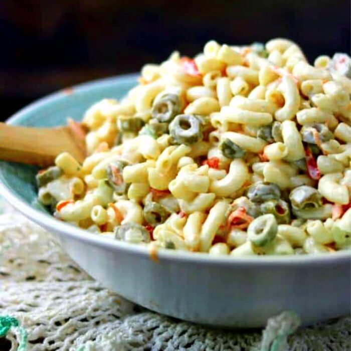 Closeup of macaroni salad in a bowl.