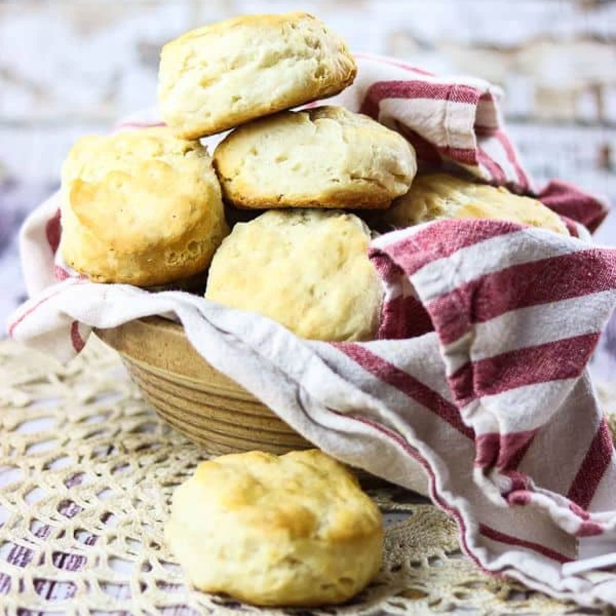 Closeup of biscuits piled in a bowl.