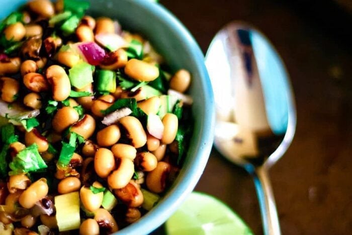 Closeup of a bowl of Cowboy Caviar for featured image