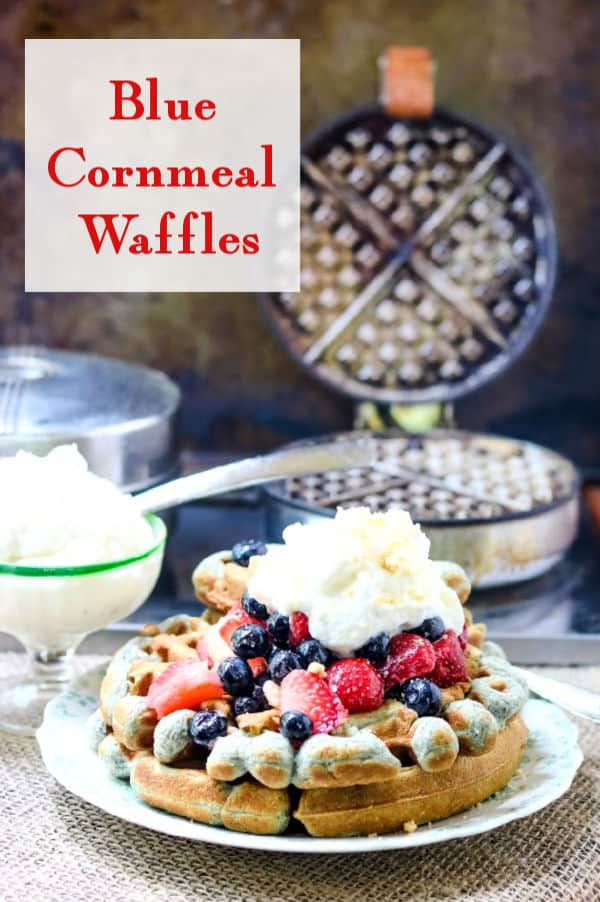 close up of a stack of waffles with strawberries and blueberries on top - title overlay "blue cornmeal waffles"