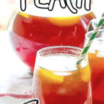 A glass of bourbon peach tea by a pitcher. Text overlay for Pinterest.