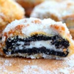 Close up of a deep fried Oreo.