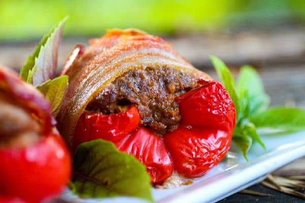 Close up of a meatloaf stuffed bell pepper