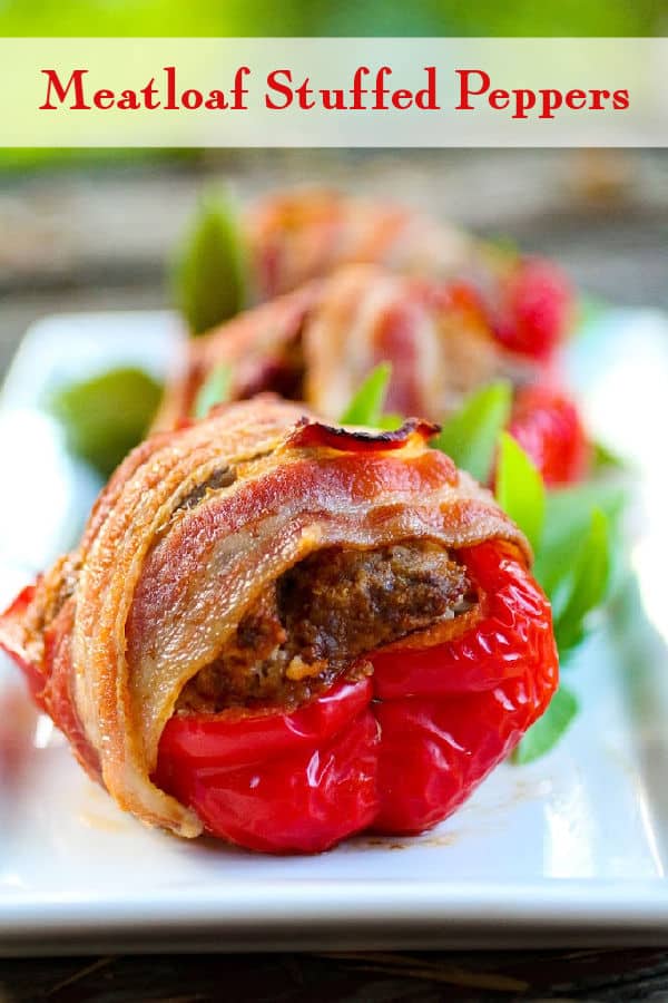 red bell pepper stuffed with meat and wrapped in bacon with title text overlay.