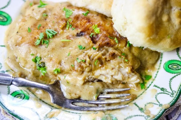 CLoseup of smothered chicken.