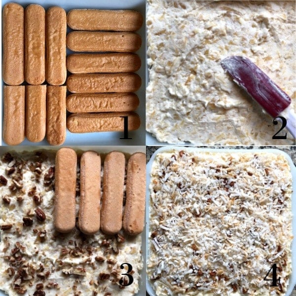 Four photos in a Collage showing the assembly process of the easy tiramisu.