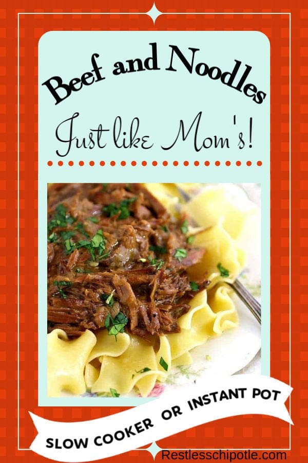 This slow cooked beef and noodles recipe is classic comfort food that\'s packed with old fashioned goodness. It\'s an easy recipe that the whole family is sure to love. #restlesschipotle #beef #oldfashioned #easy #recipe #beef #noodles #comfortfood