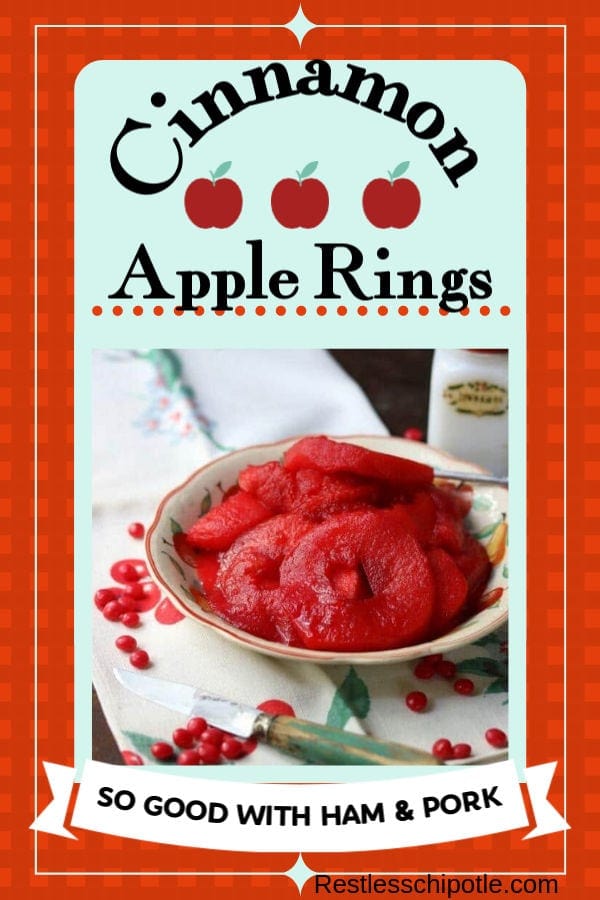 Spiced apple rings recipe is so easy! Tangy apples rings are simmered in a bright cinnamon syrup made with red hots - pears can be substituted for apples in this holiday treat. #holiday #recipes #apples