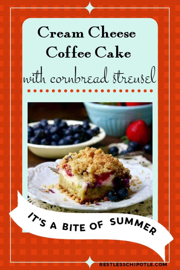 Easy cream cheese coffee cake recipe is stuffed full of rich cheesecake filling and tangy-sweet ripe summer berries, then topped with a crunchy cornbread streusel that will have you going back for more. Here\'s a taste of the south in summer all in one delightful mouthful. #brunch #cake #sourcream