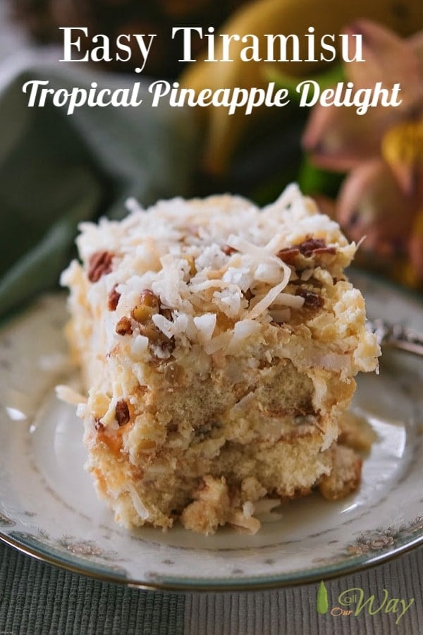 A square of tropical flavored easy tiramisu on a plate.