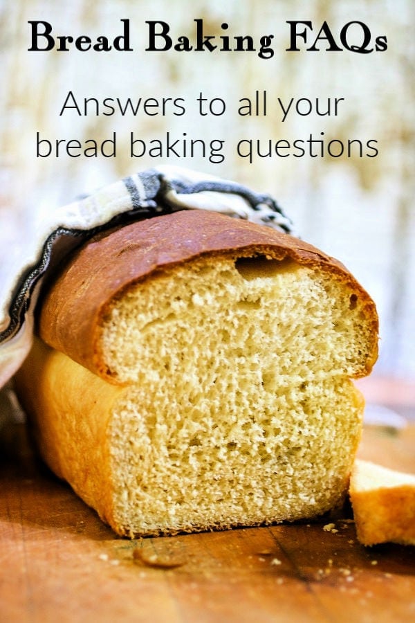 Loaf of homemade bread sliced own to reveal texture. Title text overlay, bread baking FAQs