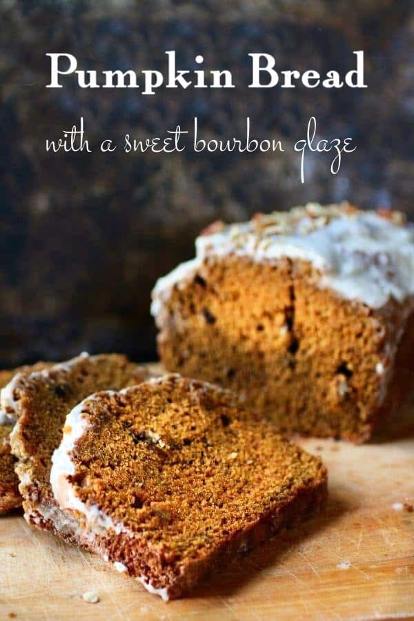 loaf of pumpkin bread sliced to show texture. Title text overlay.