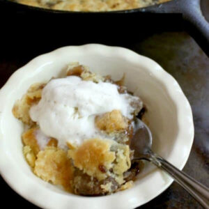 Overhead view of the apple pandowdy with ice cream on top.