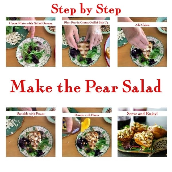 Step by step images for how to assemble pear salad.