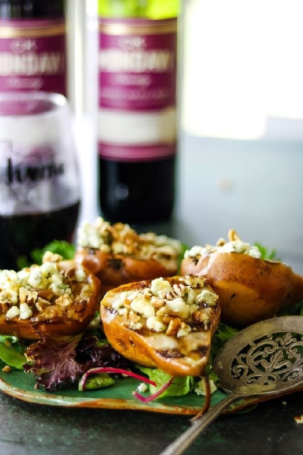 Grilled Pear Salad ready to be served from a green platter.