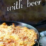 An iron skillet with mac and cheese in it and a title text overlay for Pinterest.