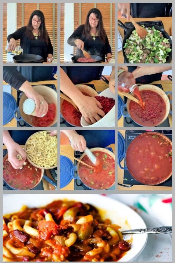 Step by step images illustrating how to make chili soup.