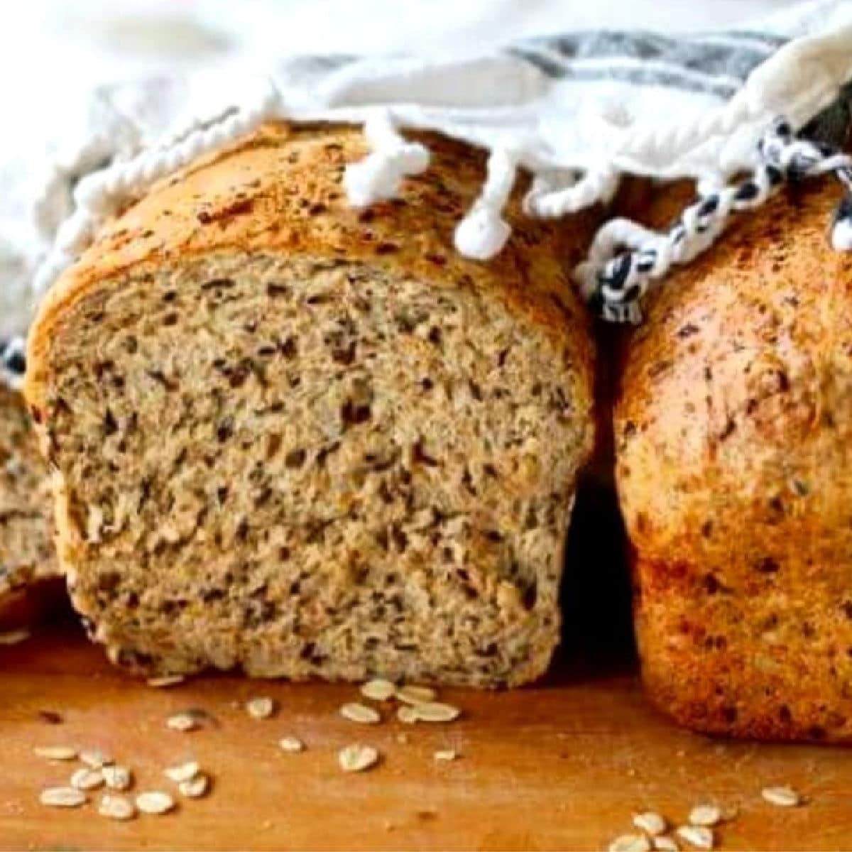 Close up of a slice of multigrain flaxseed bread showing texture.