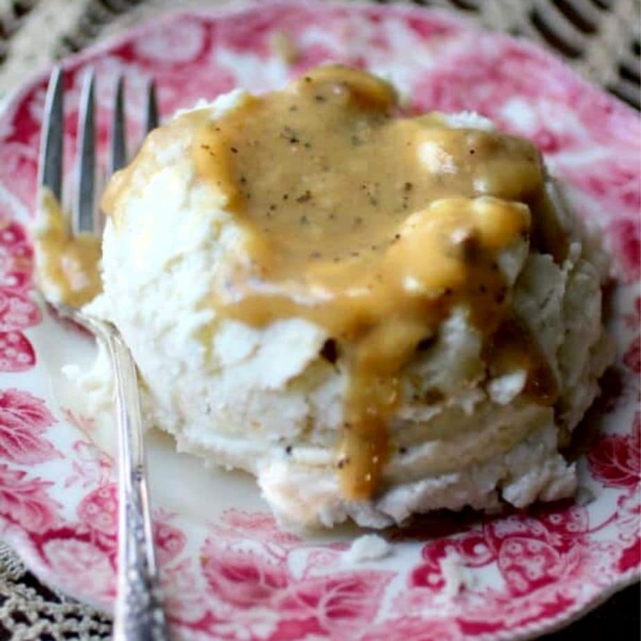 Mashed potatoes with a pool of gravy on top