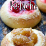 Apple and cherry kolache on a tray with text overlay for Pinterest.