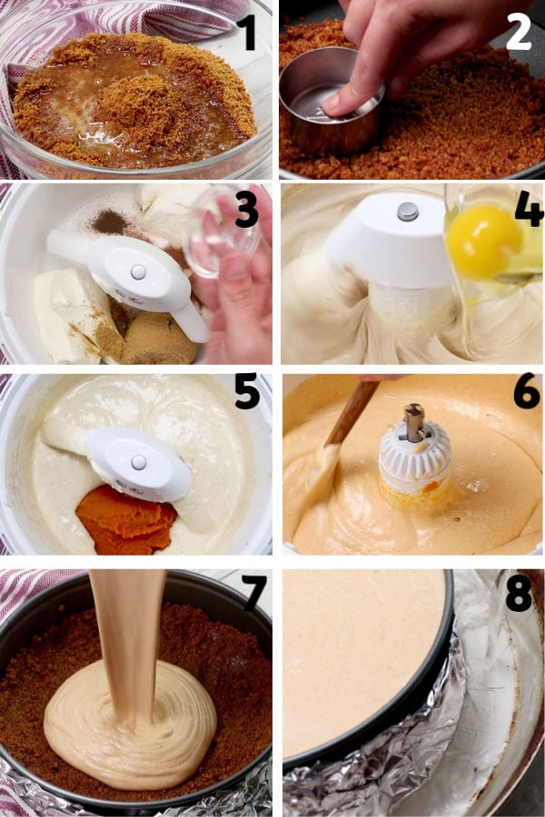 Step by step images to make pumpkin cheesecake.