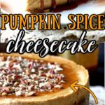 Pumkin cheesecake with pecans on top - text overlay for Pinterest