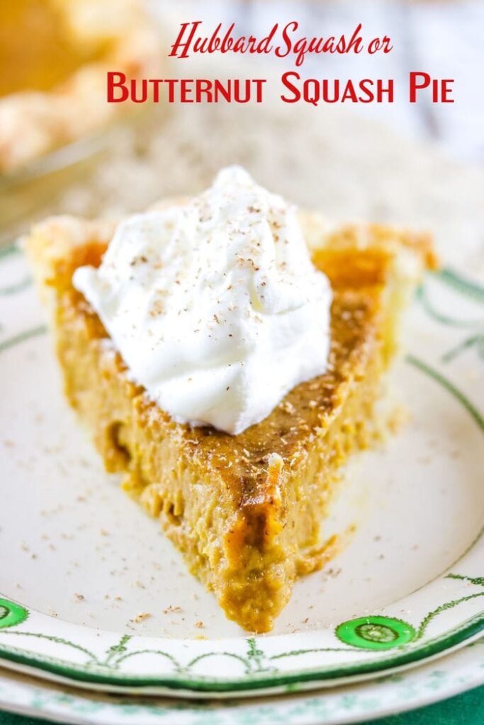 Slice of butternut squash pie with a scoop of whipped cream - title text overlay.