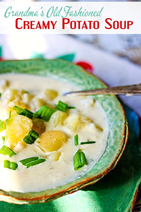 Closeup of a bowl of potato soup with title text overlay