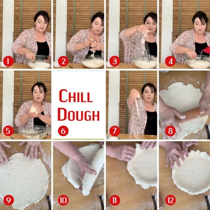 Step by step images showing how to make a flaky pie crust.