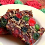 Closeup of sliced fruitcake.