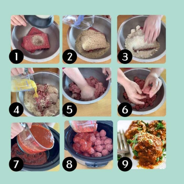 Collage with step by step images illustrating how to make easy crock pot meatballs.
