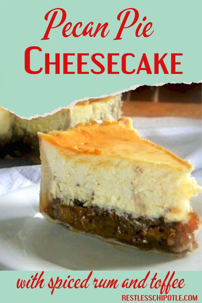 Slice of pecan pie cheesecake with title text overlay