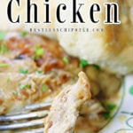 Closeup of a forkful of chicken and gravy. Title text overlay for Pinterest