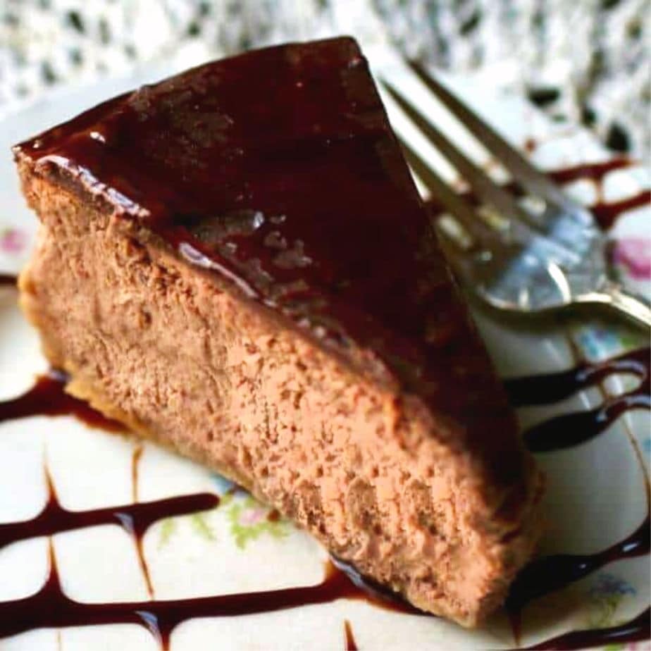 Top view of irish cream cheesecake showing glaze.