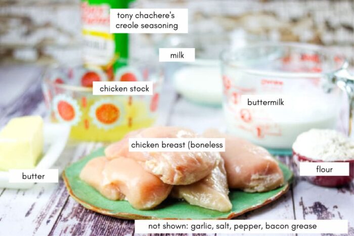 ingredients for smothered chicken with labels identifying each one.
