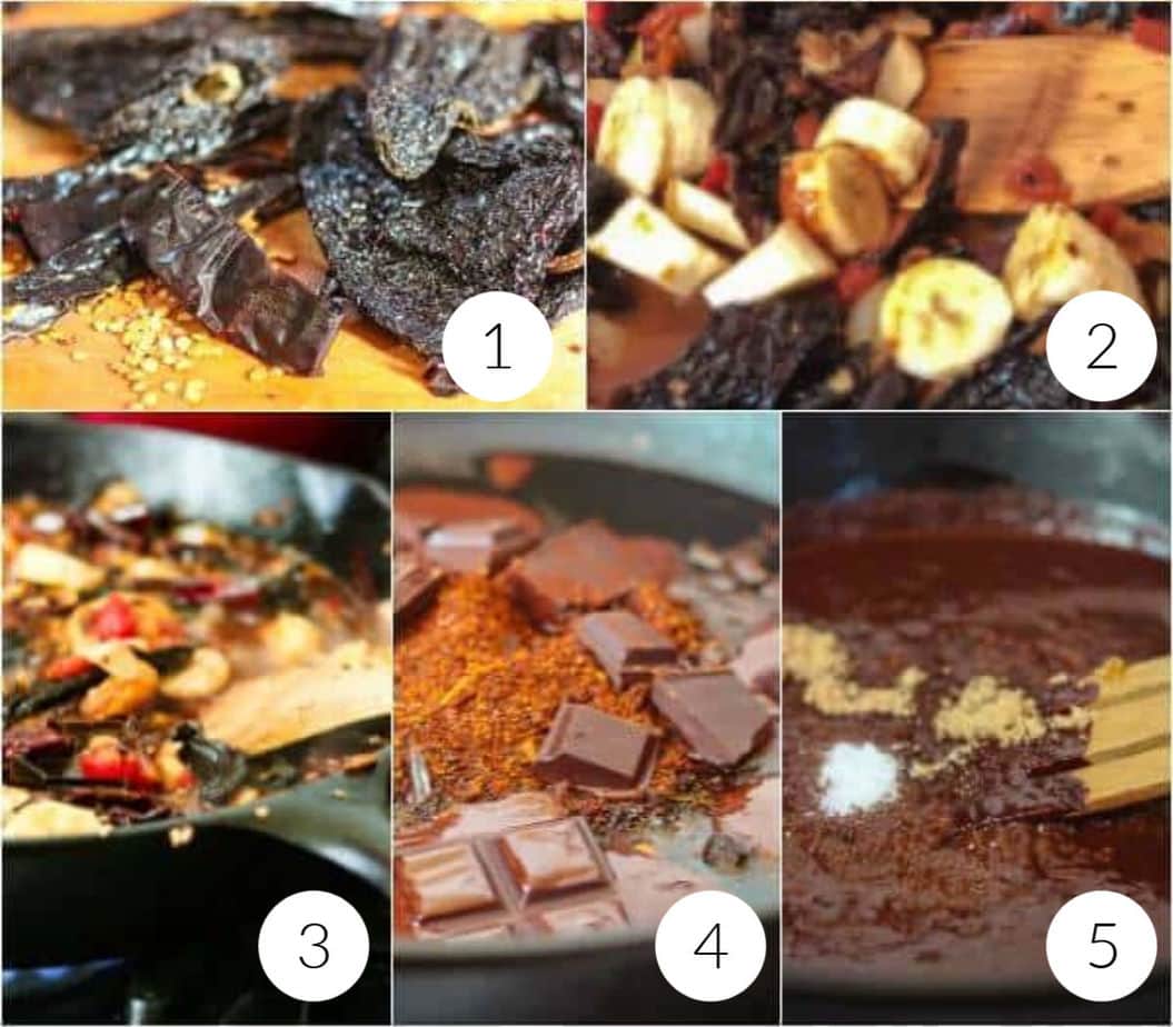 collage of step by step images illustrating how to make mole sauce