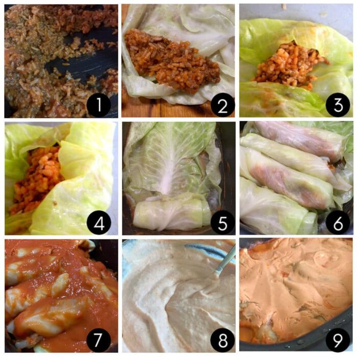 Step by step images for assembling cabbage rolls