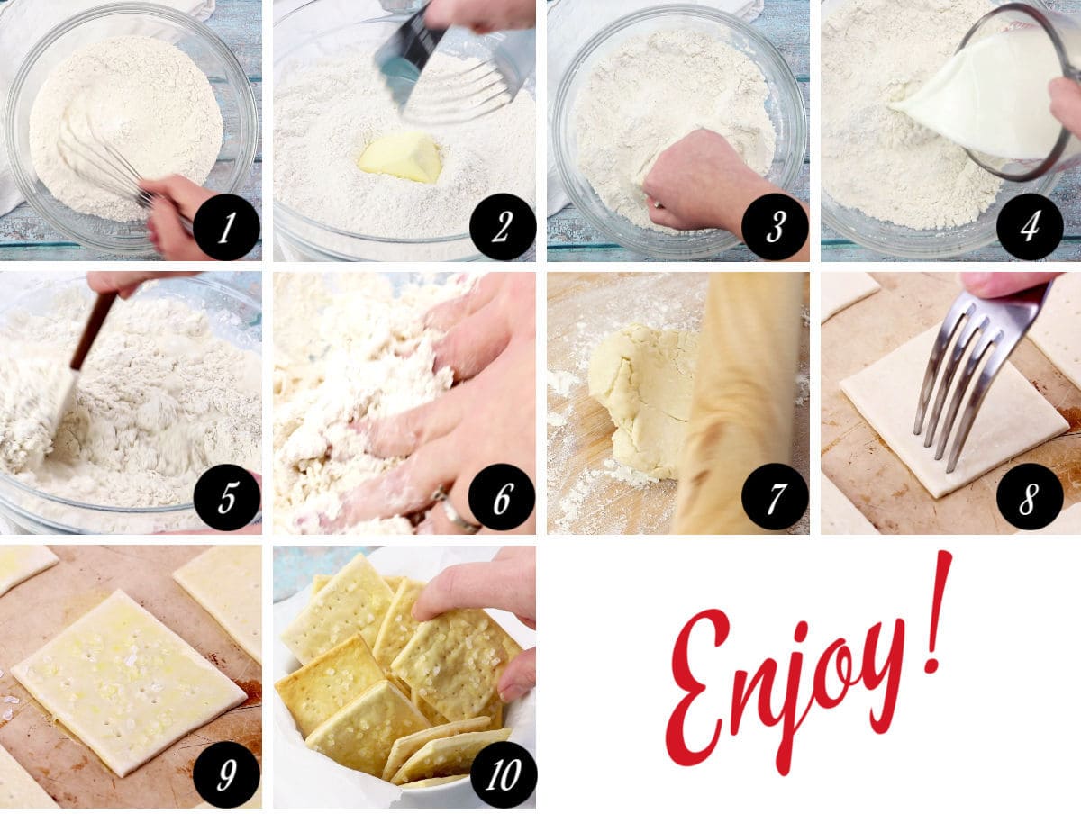 Step by step images showing how to make saltine crackers