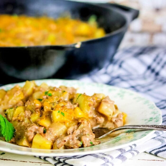 Close up of creamy beef and potato skillet dinner on a plate