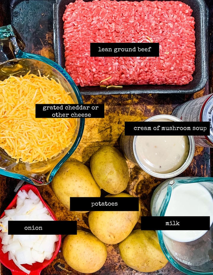 image of labeled ingredients for creamy beef skillet dinner
