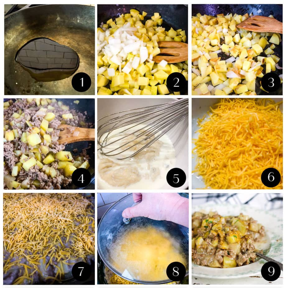 Step by step images for creamy beef and potato skillet dinner