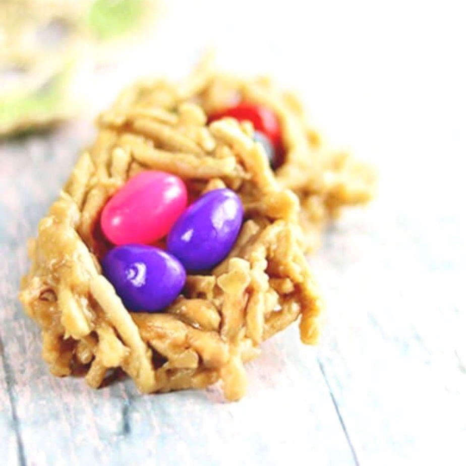Closeup of haystack cookies with jelly beans.