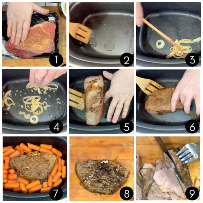A collage of step by step instructions  for making a rump roast from browning to slicing the finished dish.