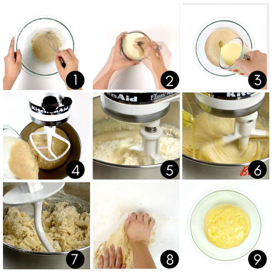 Step by step images showing how to mix the dough for buttermilk bread.