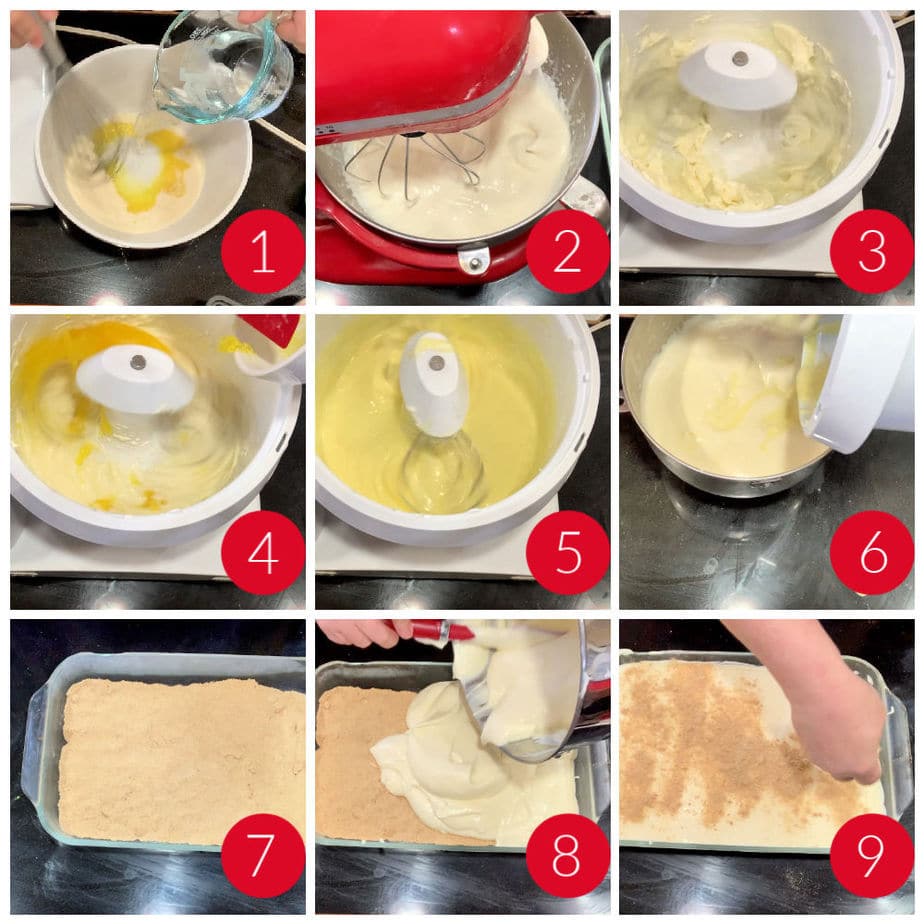 Collage of step by step images showing how to make no bake lemon cheesecake.